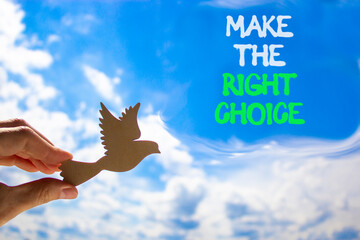Make the right choice symbol. Concept words phrase Make the right choice on beautiful blue sky....