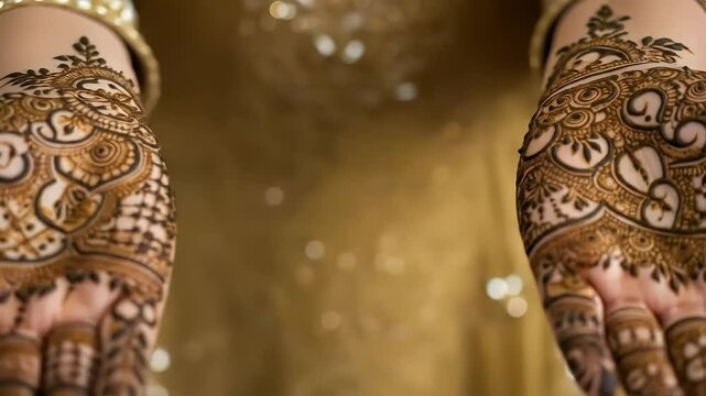 Close-up of hands decorated with traditional henna mehndi designs