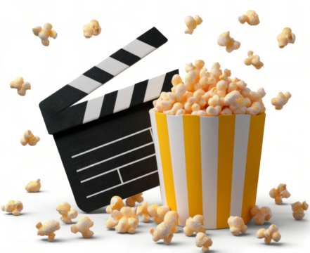  movie clapperboard and popcorn icon isolated on a transparent background with a clipping path
