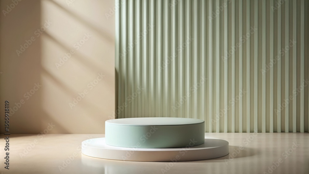 Poster minimalist product display featuring a two-tiered circular platform against a striped wall with soft