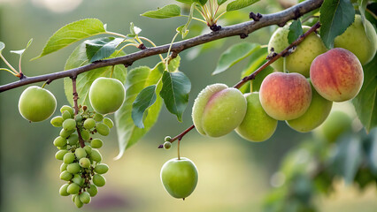Branch bearing a variety of fresh fruits including apples grapes and peaches ready to harvest