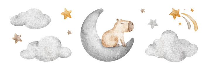 Set of Capybaras, crescent moon, clouds and stars. Collection hand drawn watercolor kids illustrations. Clip art of dreamy guinea pig for baby posters, packaging of goods, baby shower card, pajamas