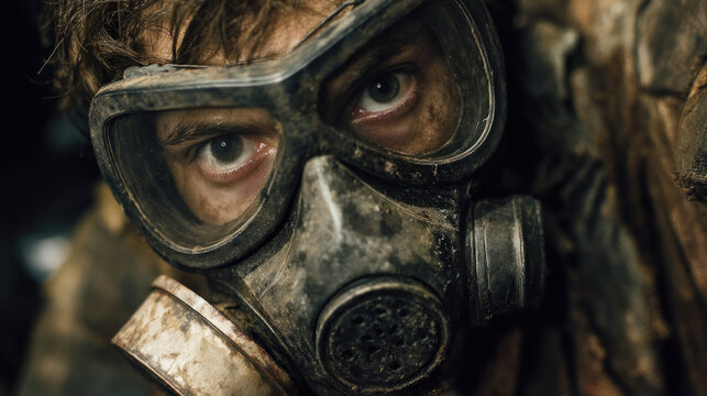 A close-up shows a mutant survivor, living underground after a nuclear disaster. They're a skilled scavenger, wearing ragged clothes and a protective gas mask.
