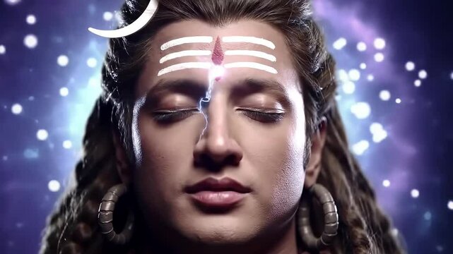 Lord shiva meditating with third eye and crescent moon on forehead