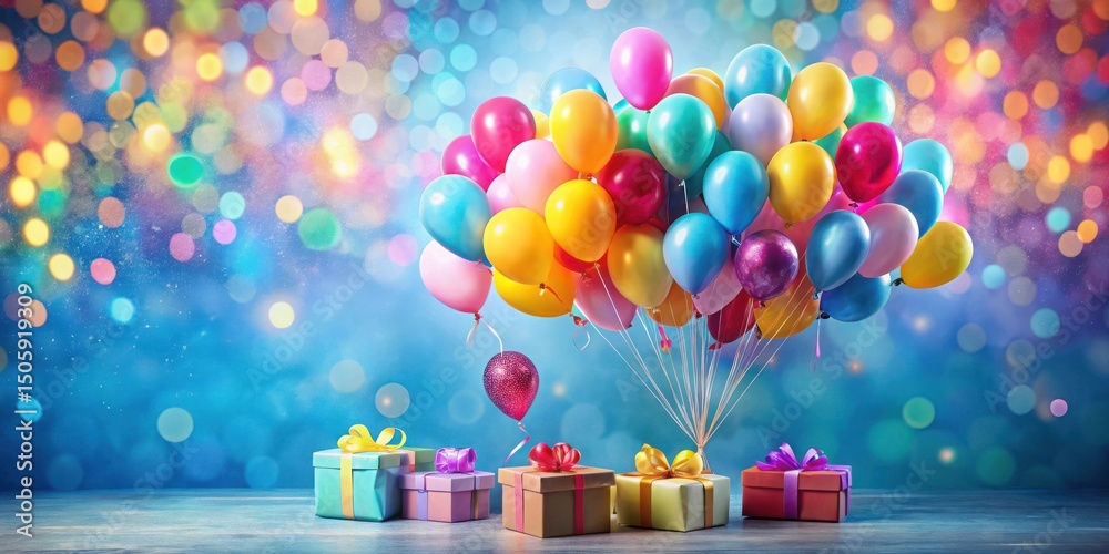 Poster a cluster of colorful balloons floats above a wooden table adorned with gift boxes, bathed in a soft