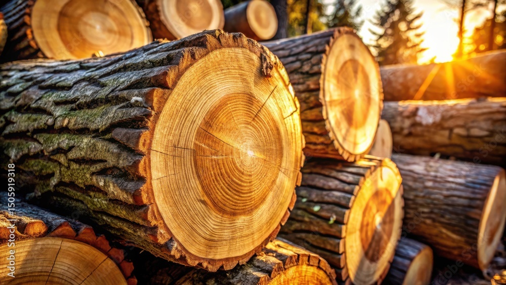 Poster golden sunlight illuminates the cross-section of a felled log, revealing the intricate ring patterns