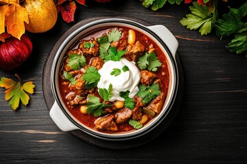 Slow Cooked Chili with Sour Cream and Cilantro