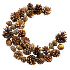 Fototapeta premium A beautifully arranged circle of various pine cones and acorns, showcasing earthy tones of brown and gold, perfect for a nature-inspired decor or design project.