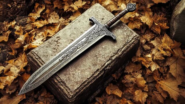 An ornate sword resting on a stone amidst autumn leaves.