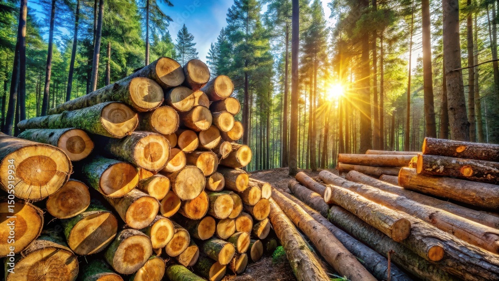 Poster a stack of logs gathered in the forest, illuminated by the warm glow of the setting sun