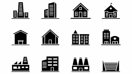 Fototapeta premium Black Building Icons Set – Vector Architecture, Real Estate & Industrial Symbols