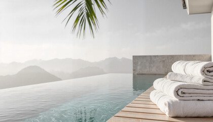 Obraz premium Towels stacked by infinity pool in serene mountain setting 