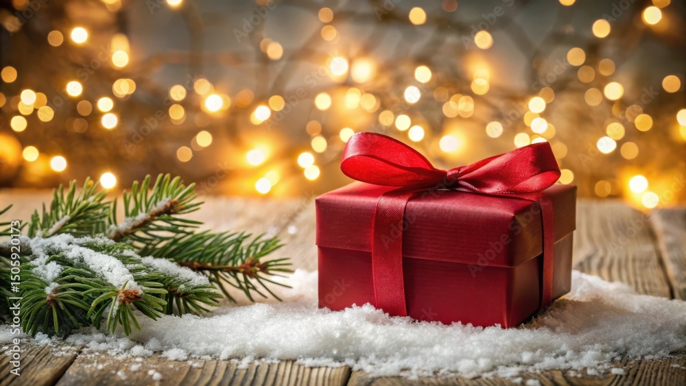 Poster a red gift box with a bow, nestled in a snowy landscape, adorned with a pine branch and warm, festiv