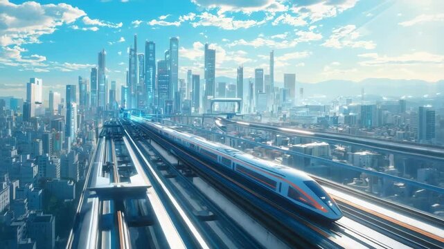 Futuristic train moves on elevated tracks against the backdrop of a modern sci-fi city skyline. Bright lights, sleek architecture, and advanced transport on a twilight background.

