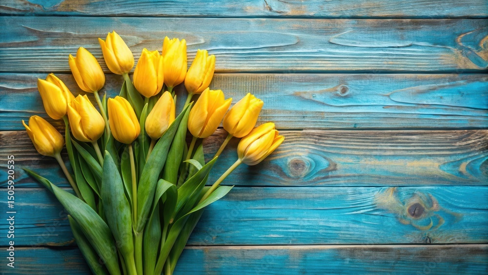 Poster a cluster of vibrant yellow tulips arranged on a rustic blue wooden surface, creating a natural, spr
