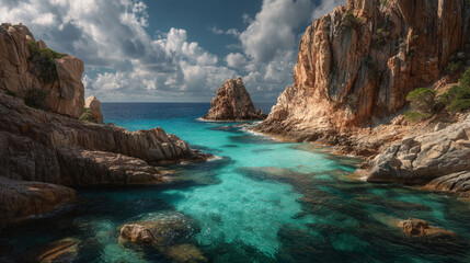 Obraz premium A beautiful turquoise cove surrounded by rocky cliffs and a blue sky with fluffy white clouds above