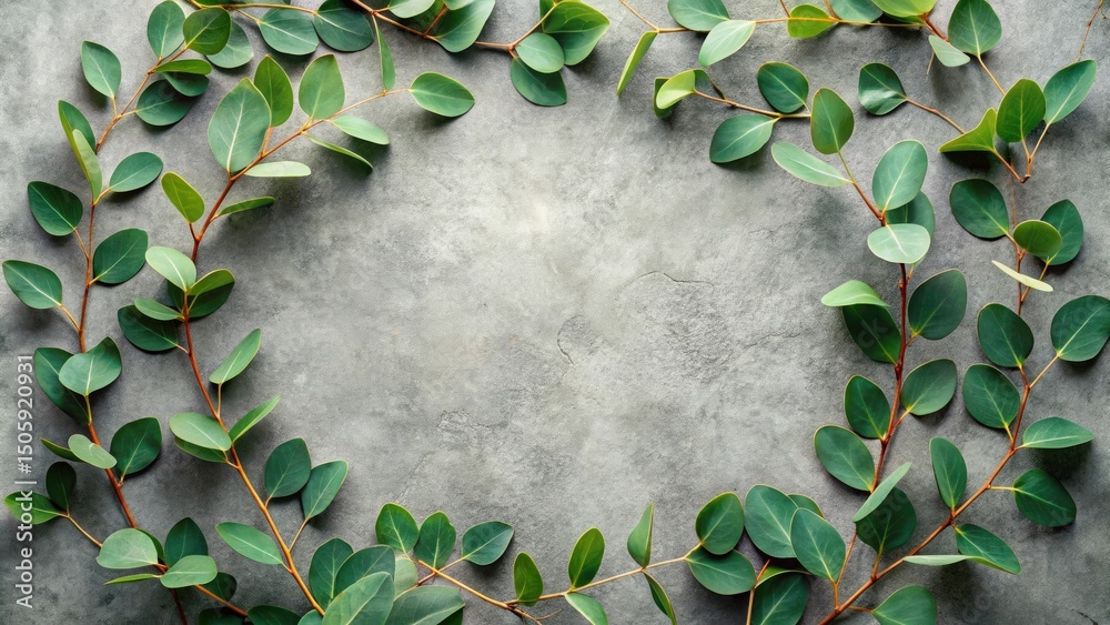 Aufkleber a simple yet elegant arrangement of eucalyptus leaves forming a natural frame on a textured gray bac