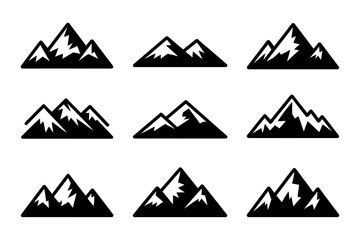 Collection of nine mountain peak icons