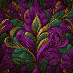 Luxurious purple, green, and gold swirling pattern reminiscent of feathers or elegant botanical elements. Flowing lines and rich colors evoke opulence.
