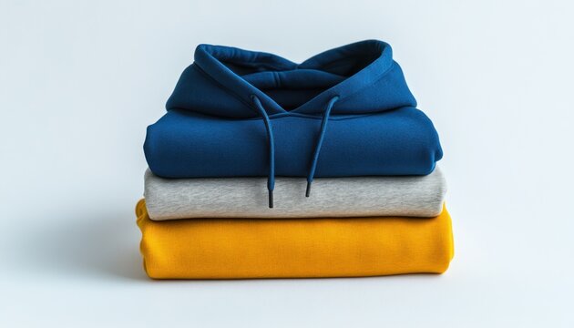 A stack of folded clothing featuring a blue hoodie a gray sweater and a yellow shirt on a white background
