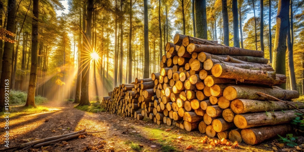 Poster golden rays of sunlight illuminate a forest path lined with neatly stacked logs, casting long shadow