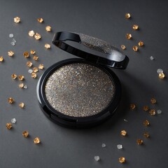 Backlit glitter compact creating a halo effect on gray.