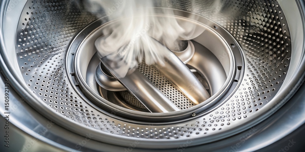 Poster close-up view of a washing machine drum with steam rising from the interior, highlighting the intric
