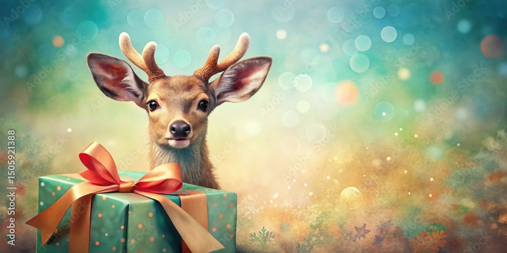 Poster a young fawn with antlers looks directly at the viewer with a curious expression as it peeks out fro