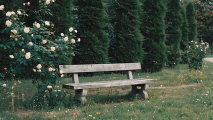 Fototapeta premium Solitary bench in a rose garden