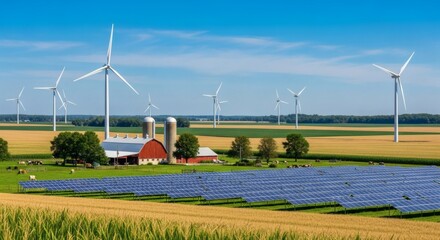 Sprawling Farm with Vast Corn and Wheat Fields Under a Bright Blue Sky, Towering Wind Turbines, Elevated Solar Panels, Red Barn, Classic Silo, Lush Pastures, Grazing Cows, and a Balance of Tradition a
