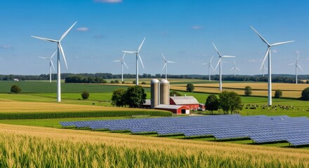 Sprawling Farm with Vast Corn and Wheat Fields Under a Bright Blue Sky, Towering Wind Turbines, Elevated Solar Panels, Red Barn, Classic Silo, Lush Pastures, Grazing Cows, and a Balance of Tradition a