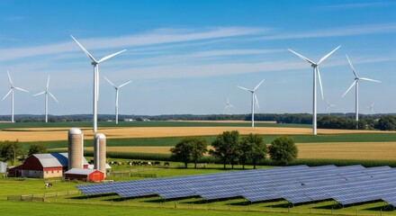 Sprawling Farm with Vast Corn and Wheat Fields Under a Bright Blue Sky, Towering Wind Turbines, Elevated Solar Panels, Red Barn, Classic Silo, Lush Pastures, Grazing Cows, and a Balance of Tradition a