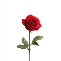 Fototapeta premium A captivating, full-bloom red rose with dewdrops graces a pristine white backdrop, symbolizing love and beauty in its purest form.