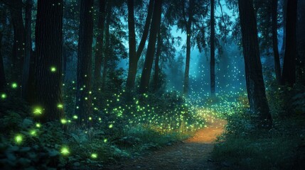 Obraz premium A mystical forest path illuminated by glowing fireflies at twilight with tall trees around the trail