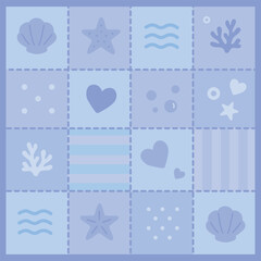 Seamless vector marine patchwork pattern in soft purple tones. Includes shells, corals, waves, bubbles, and hearts. Perfect for kids’ products, textiles, scrapbooking, summer-themed designs, packages
