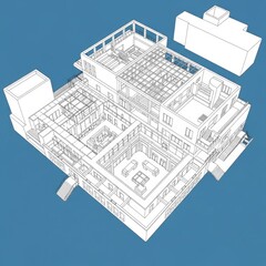 Overhead Perspective of Architectural Structures against a Solid Blue Background showcasing intricate detail in a minimalist style with high contrast