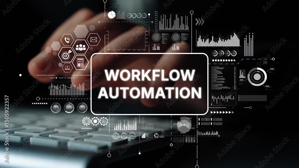 Poster hands typing on keyboard with workflow automation concept and digital graphics in background. asympt