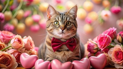 A playful tabby cat sits on a velvet cushion surrounded by pink and red flowers with a matching bow tie tied around its neck adorned with delicate chocolates