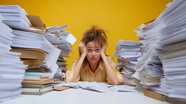Tired woman sitting among a messy pile of papers and documents on a yellow background. She holds her head in frustration, surrounded by office stress and paperwork chaos.

