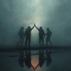 Obraz premium Resilient Teamwork: Silhouetted figures, unity, and hope. High five in a misty environment symbolizes perseverance and collaboration.