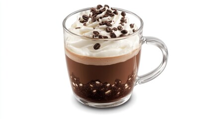 Creamy coffee drink in clear glass cup