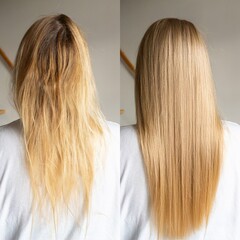 Comparison of dry, frizzy hair before and shiny, smooth hair after treatment. Ideal for haircare ads, keratin treatment, product marketing, or beauty tutorials.