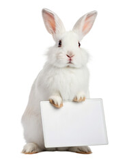 Fototapeta premium White Bunny Holding a Small Whiteboard isolated on transparent background.