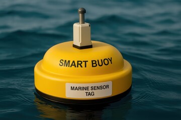 Bright Yellow Smart Buoy Floating on Calm Water for Marine Monitoring and Data Collection Purposes