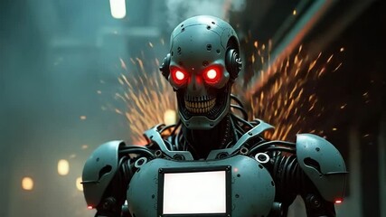 Robotic humanoid with glowing red eyes in industrial environment   - Powered by Adobe