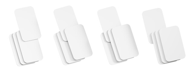 3d set of four blank playing cards mockup, white paper stacks isolated on green casino table background render. Shuffling deck, dealing cards for poker and board games in online app