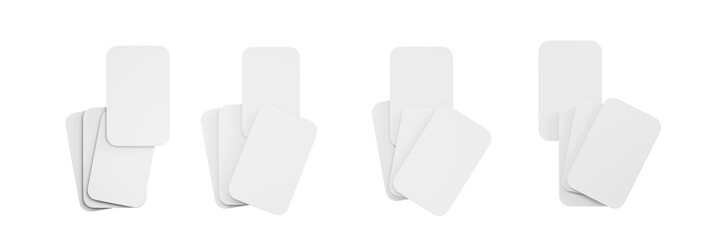 3d set of white blank playing cards mockup for poker, blackjack or board games isolated on green table background. Online casino live dealer dealing hand cards in app, gambling render
