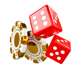 3d white gold poker game vip chips and dice isolated on green casino table background. Luxury banner with golden gambling money tokens and red cubes in motion, render realistic icons