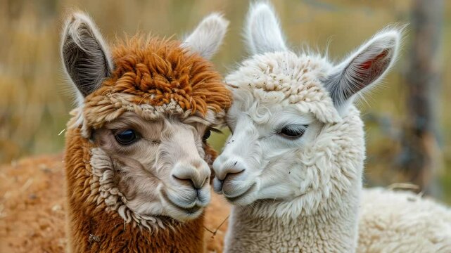 Two adorable llamas cuddle together in a peaceful natural setting under soft daylight, showcasing the beauty of wildlife and gentle animal interaction in 4K resolution