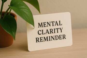 Inspirational Reminder For Mental Clarity On Simple Wooden Table With Green Plant Background